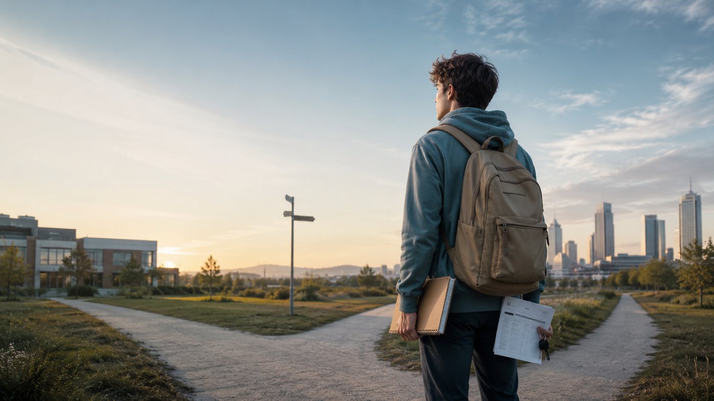 Ein junger Mensch mit Rucksack steht an einer Weggabelung und blickt auf eine Stadtsilhouette — Sinnbild für die Entscheidungen beim Übergang ins Erwachsenenleben.