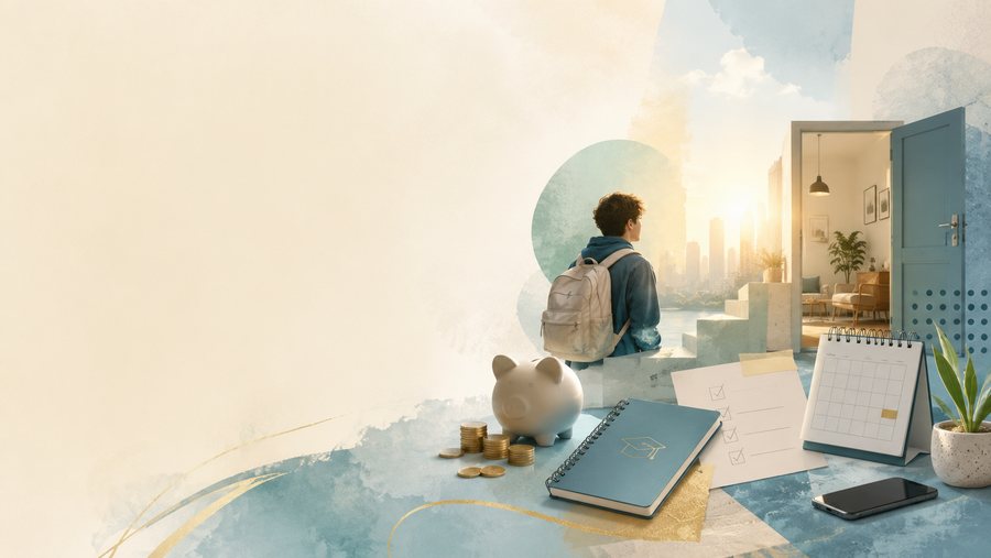 Illustration: Ein junger Mensch mit Rucksack steht vor einer Stadtsilhouette, davor Sparschwein, Checkliste und Kalender als Sinnbild für den Start ins eigene Leben.